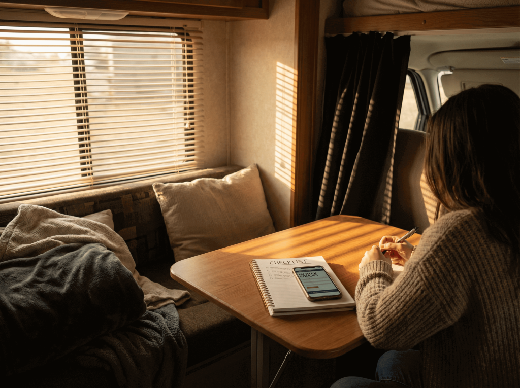 Person writing an RV stay checklist at the dinette table, with a notebook and phone in warm morning light.