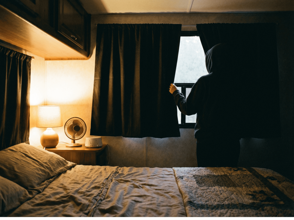 Person inside an RV bedroom adjusting blackout curtains by the window, with a bed, lamp, and small fan nearby.