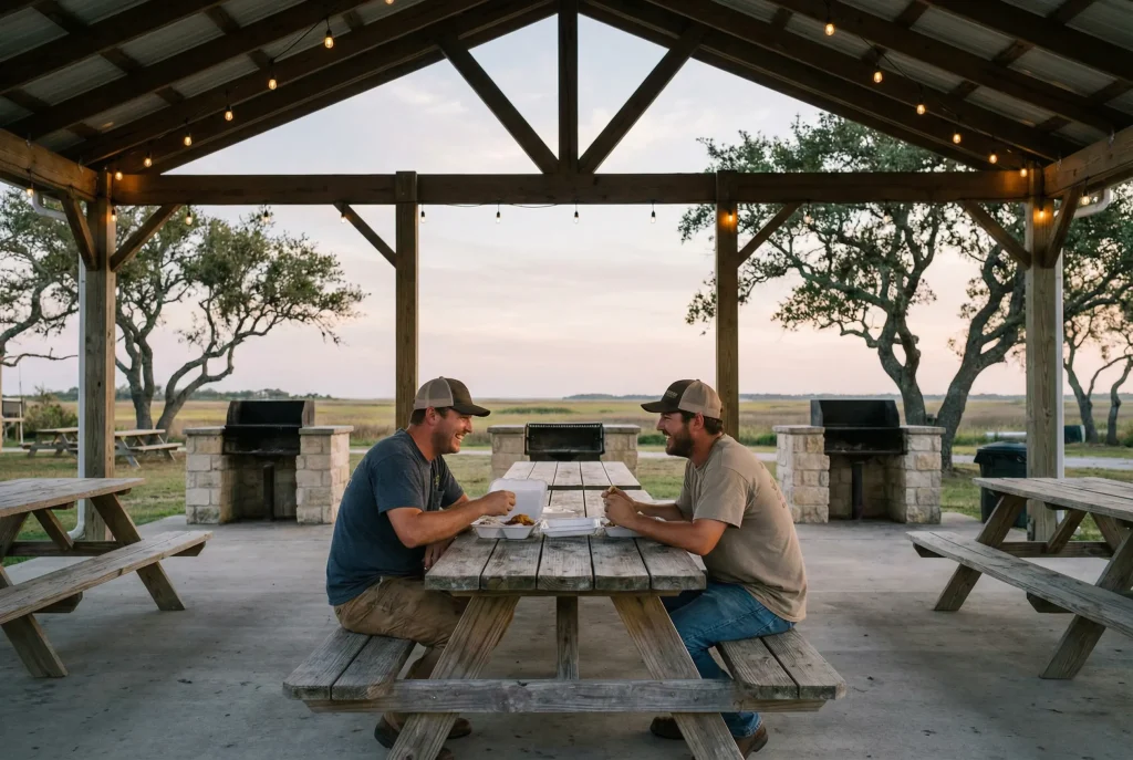 Two workers eating at a picnic table under a covered outdoor pavilion with string lights and grills—an after-shift spot to relax at the RV park.