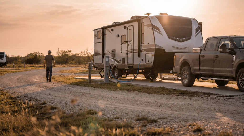 Fifth-wheel RV and pickup truck parked on a full-hookup pad at an RV park at sunset, with a worker walking nearby.