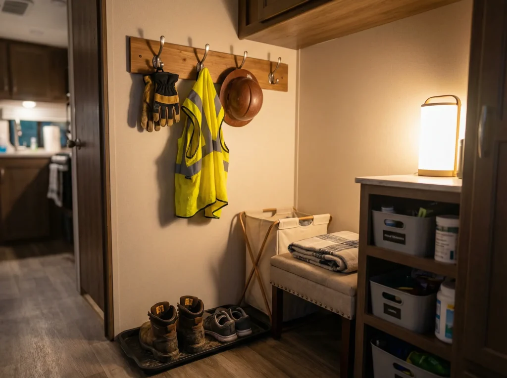 RV entryway gear setup with hooks for work gloves, hi-vis vest, and hard hat, plus boots on a tray and a small bench for organizing PPE.