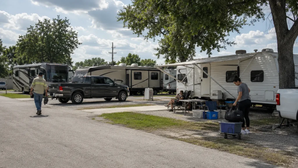 Long-term RV park guests unloading gear beside travel trailers and pickup trucks at shaded campsites.
