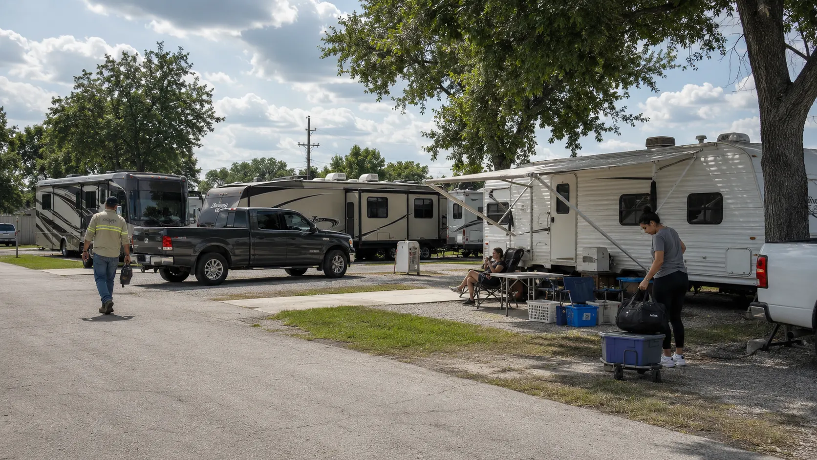 Long-term RV park guests unloading gear beside travel trailers and pickup trucks at shaded campsites.