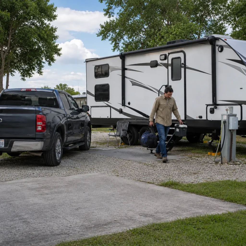 Worker unloading gear from a travel trailer beside a pickup truck at a full hookup RV park site.
