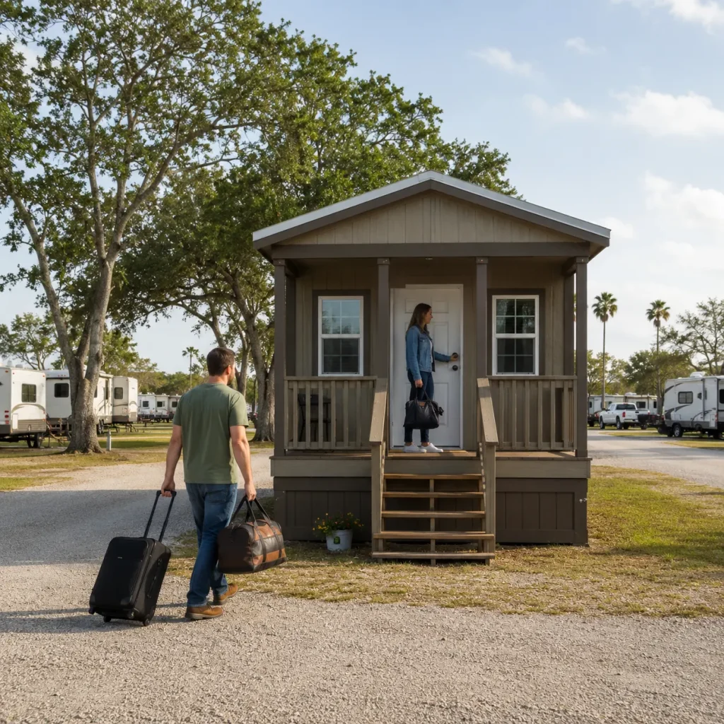 Couple arriving with luggage at a furnished cabin rental inside an RV park.
