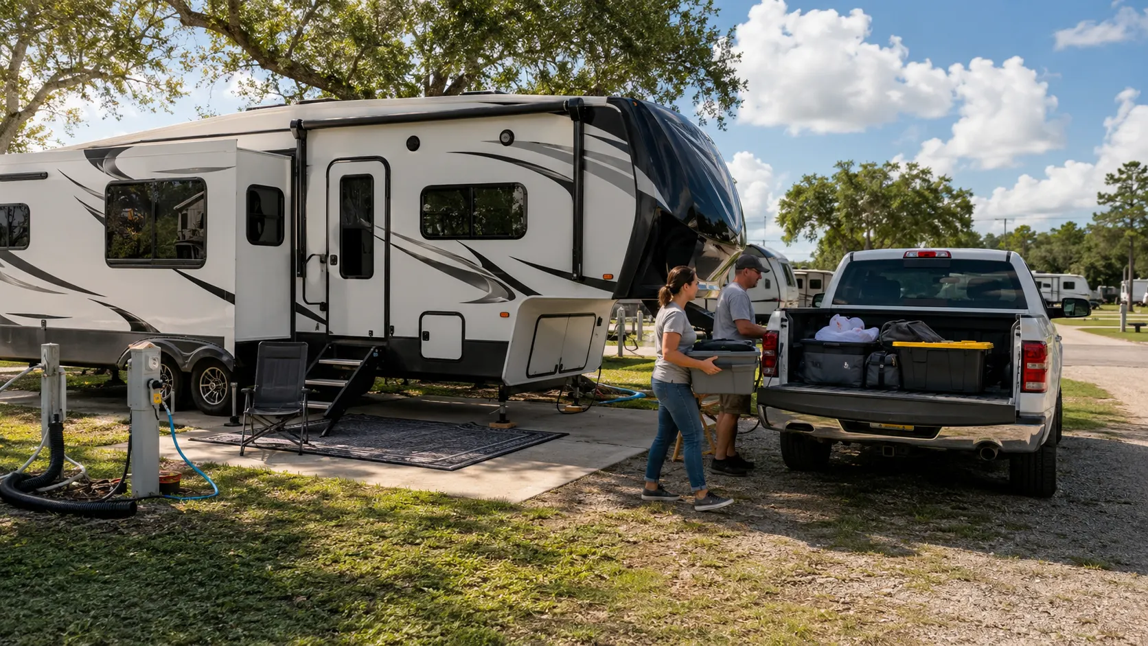 Couple unloading supplies from a pickup truck beside a fifth-wheel RV at a full hookup RV park.