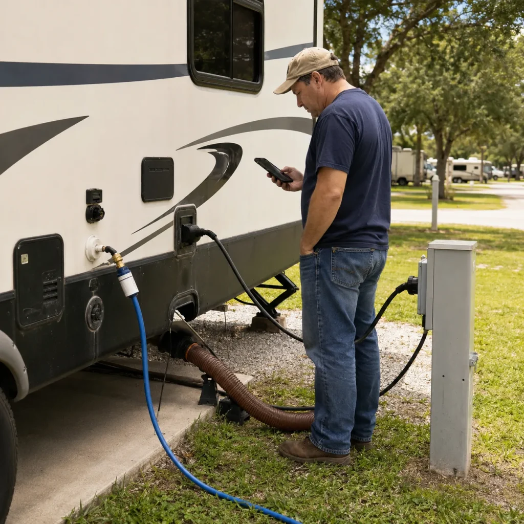 RV guest checking water, sewer, and electric hookups at a full hookup RV park site.