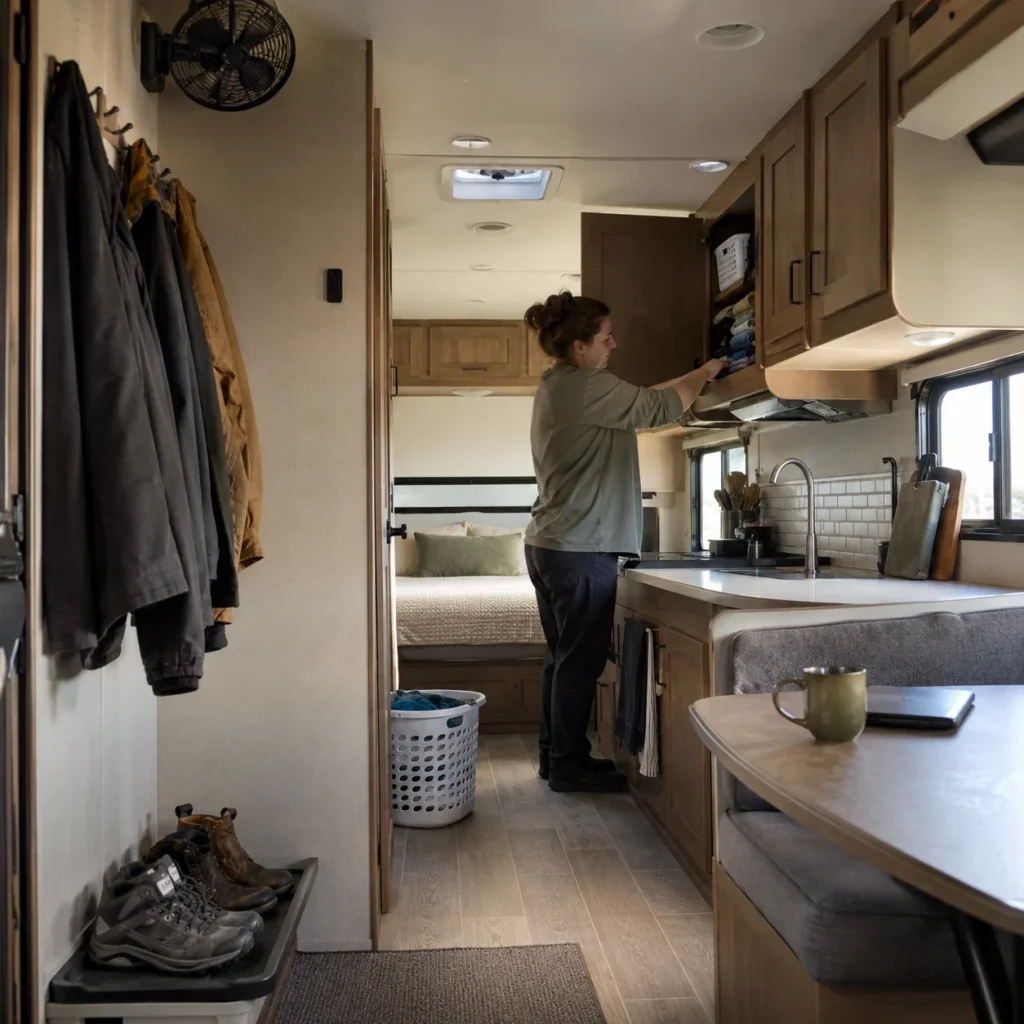 Long-term RV guest organizing clothes and work gear inside a travel trailer kitchen and sleeping area.
