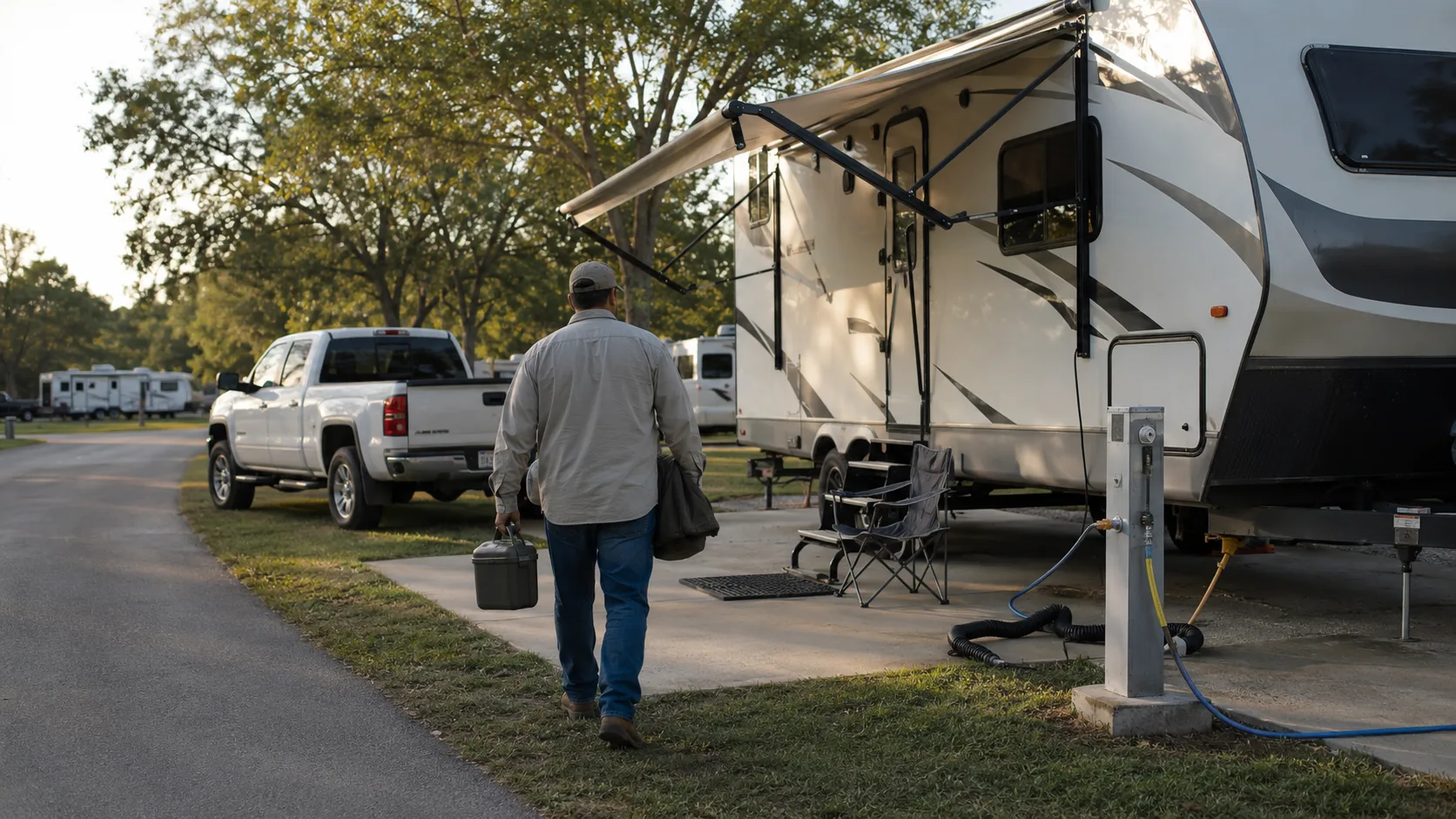 Worker returning to a full hookup RV site beside a travel trailer and pickup truck.