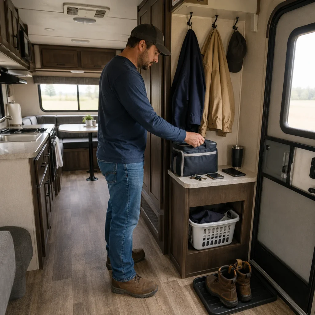 Refinery worker organizing lunch gear and work clothes inside a long-term RV rental.