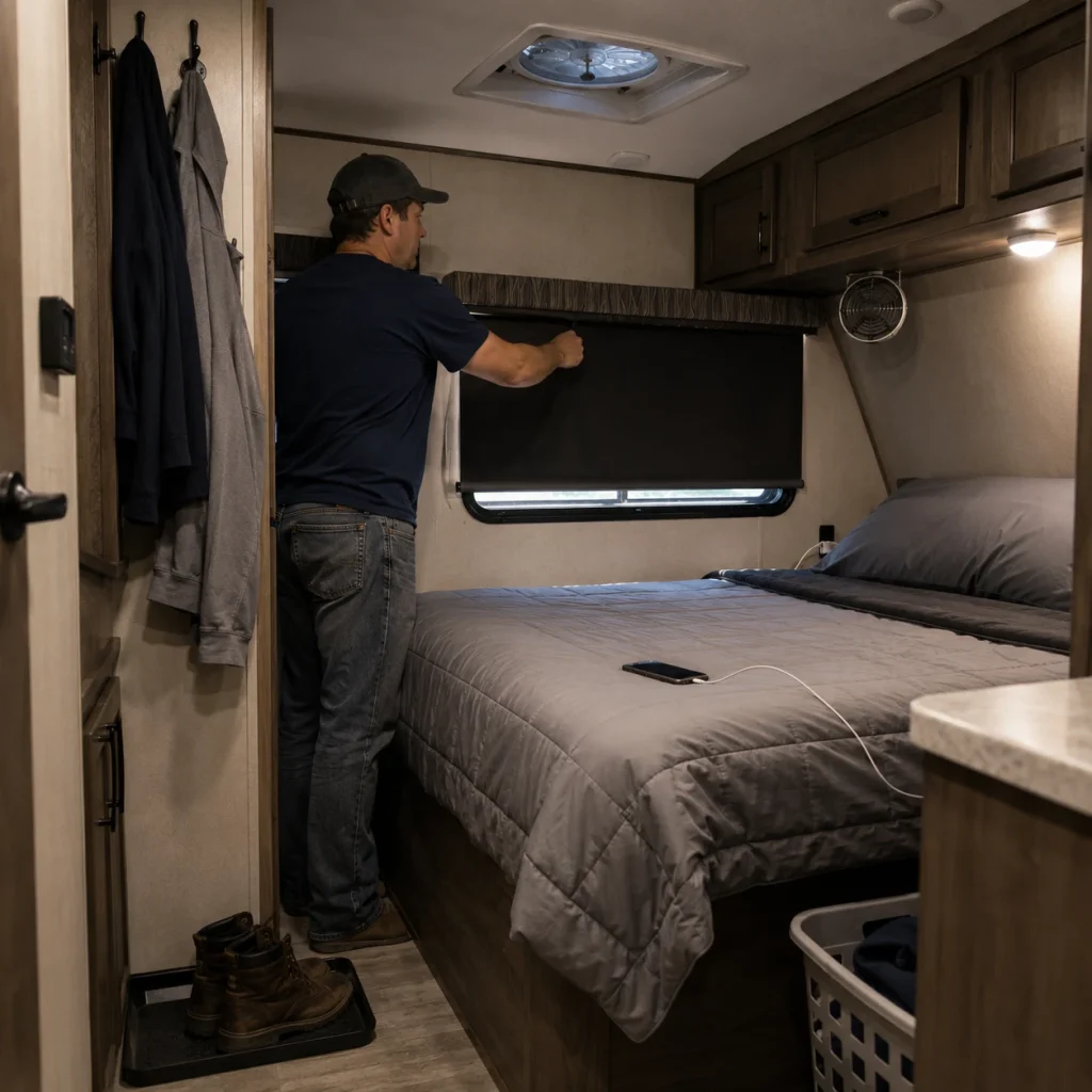 Shift worker closing a blackout shade in a travel trailer bedroom for daytime rest.