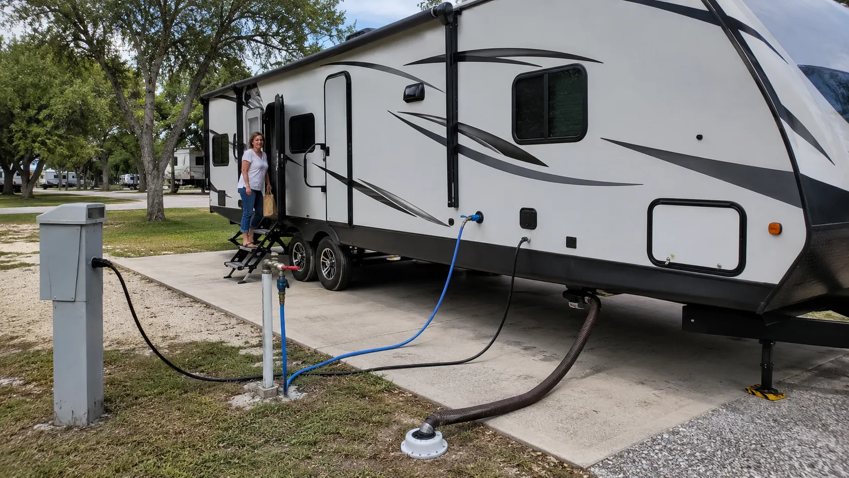 Guest standing outside a travel trailer connected to water, sewer, and electric hookups at a full hookup RV park site.