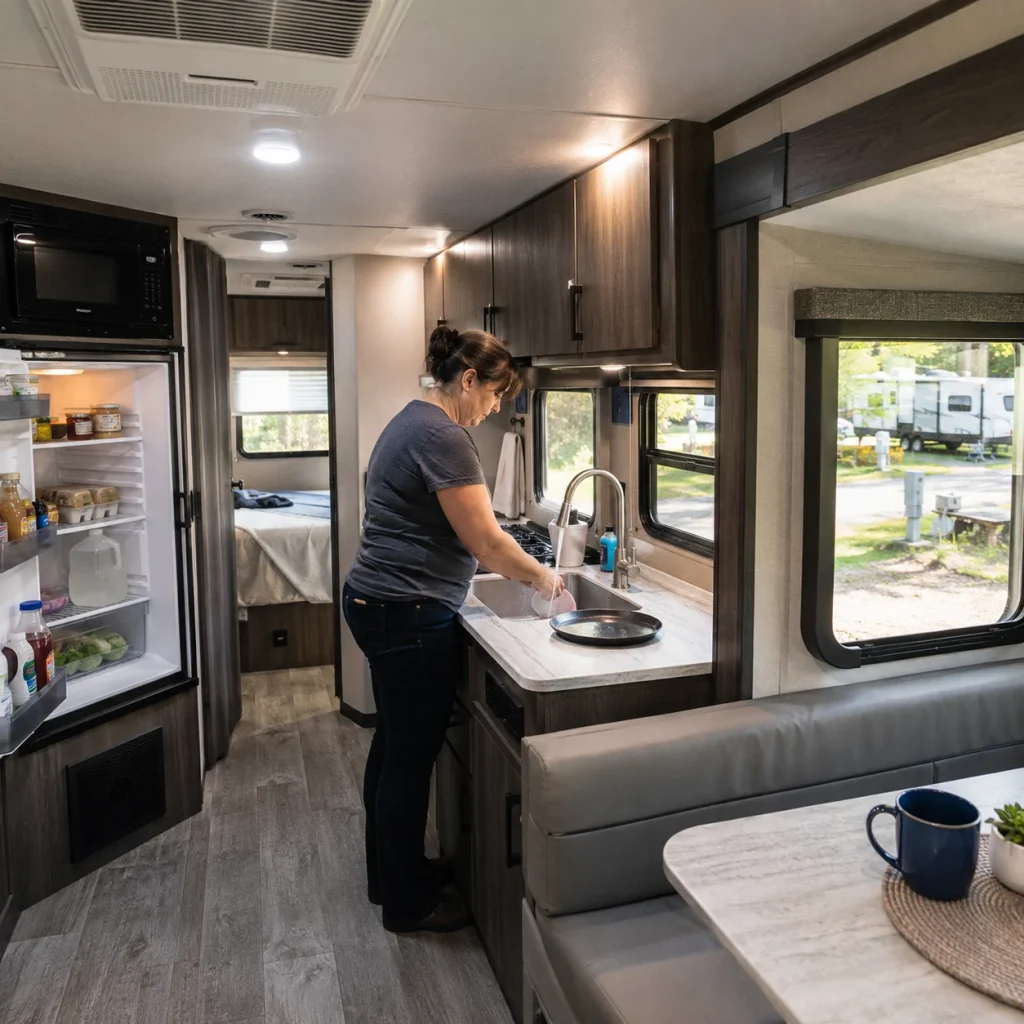 Long-term RV guest washing dishes in a fully equipped travel trailer kitchen at a full hookup RV park.