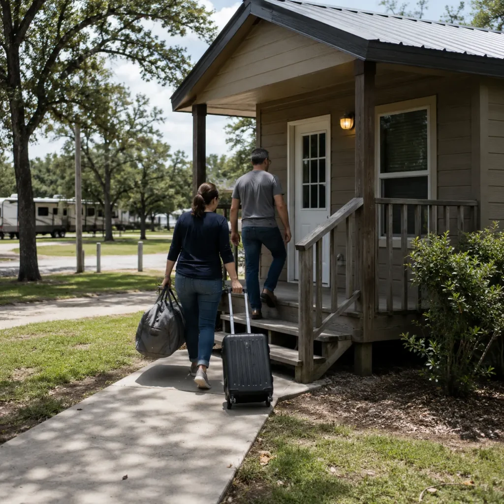 Couple carrying luggage into a cabin rental at a shaded RV park.