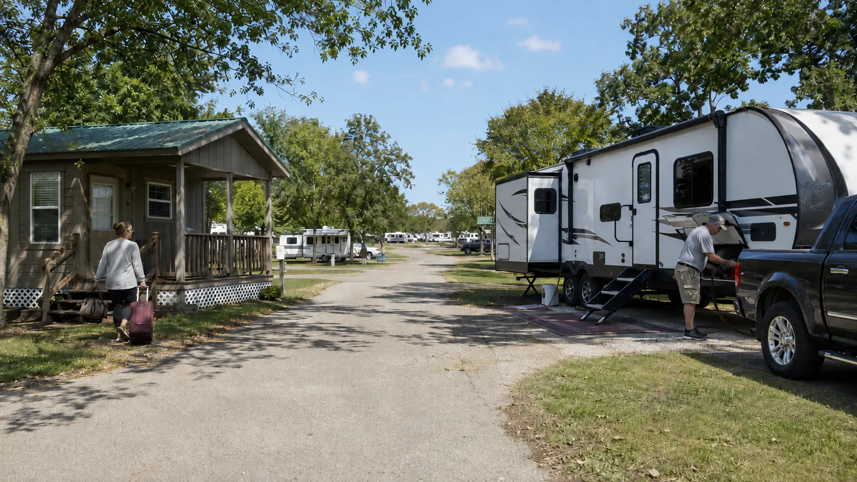Guest arriving at a cabin while another traveler prepares an RV site at a shaded RV park.