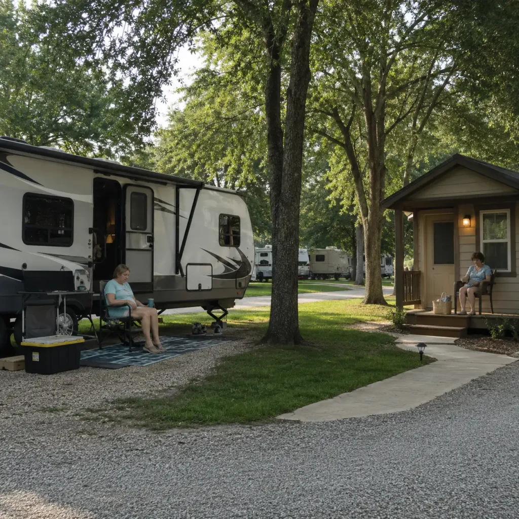 Guests relaxing outside a travel trailer and cabin rental at a shaded RV park.