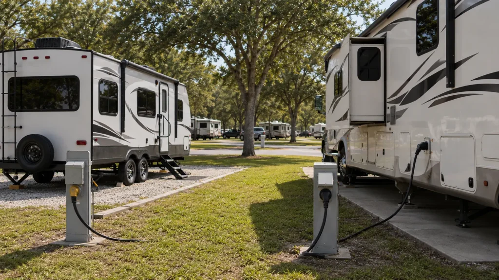 Travel trailers and motorhomes connected to electrical hookups at shaded full hookup RV sites.