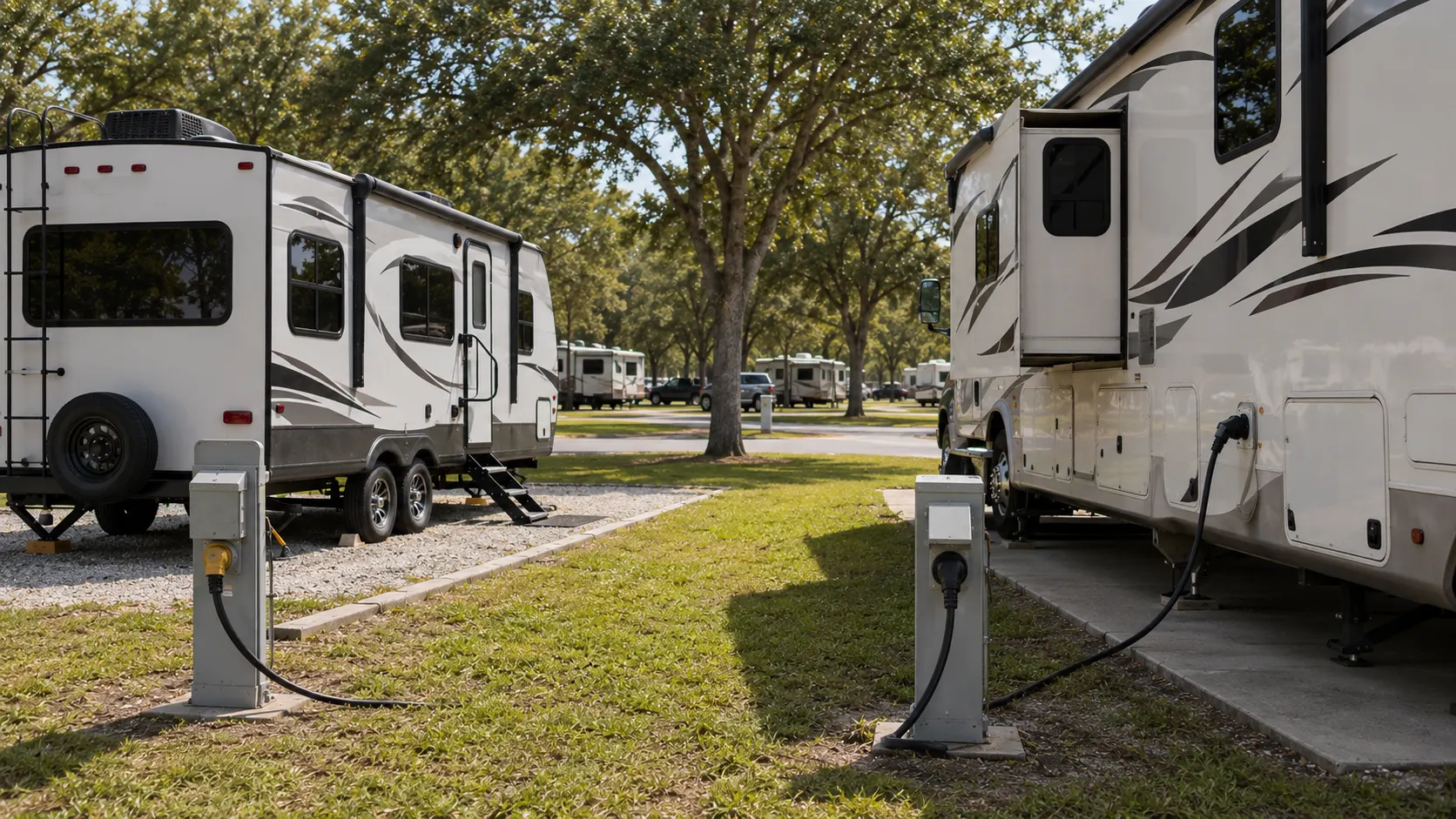 Travel trailers and motorhomes connected to electrical hookups at shaded full hookup RV sites.