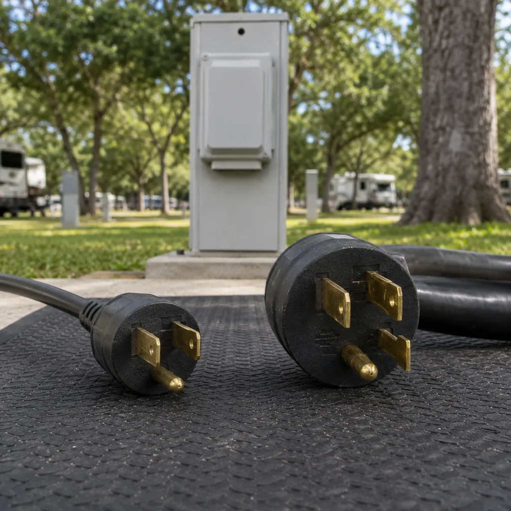 30-amp and 50-amp RV power plugs beside an electrical pedestal at a shaded RV park.