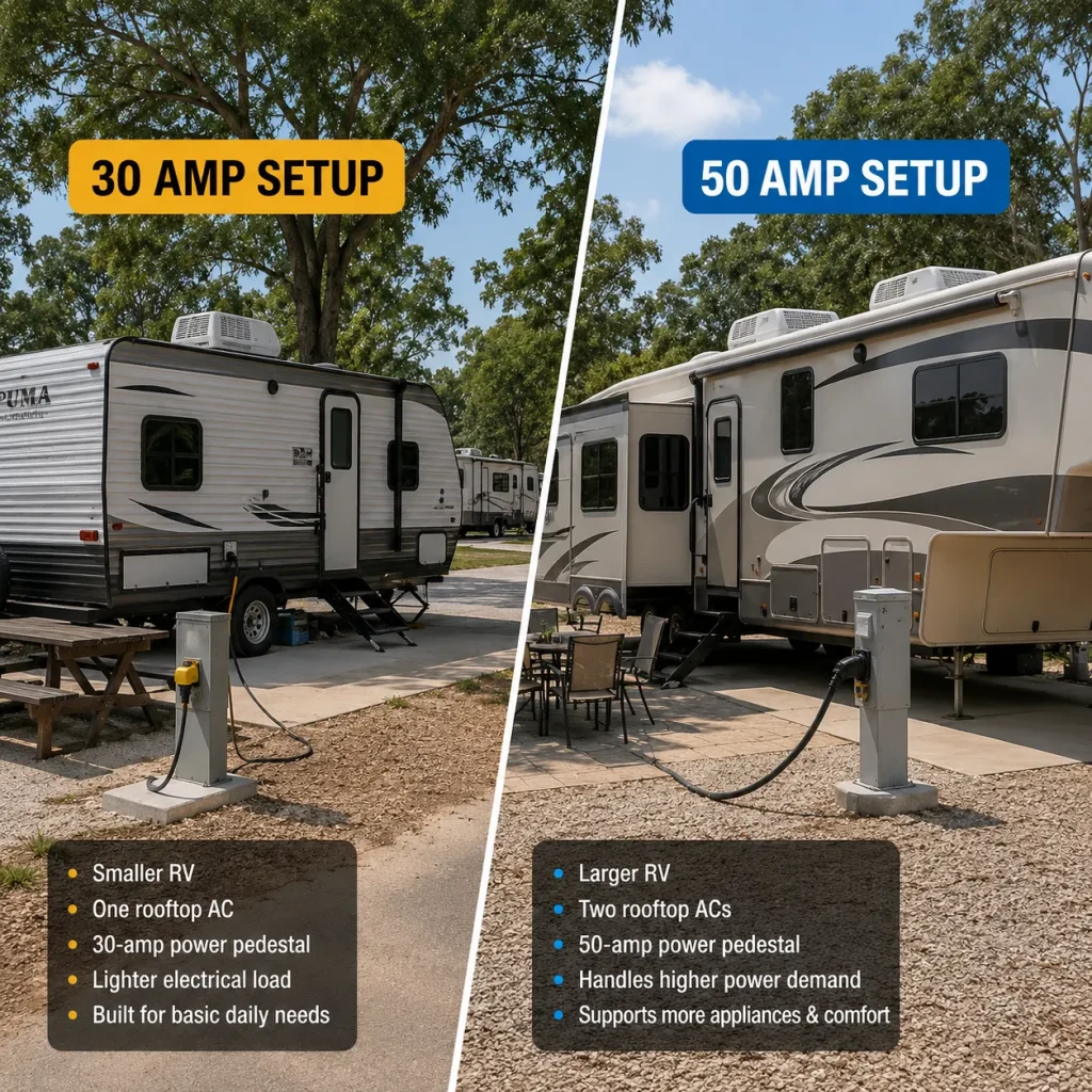 Comparison of a 30-amp RV setup with one rooftop AC and a 50-amp RV setup with two AC units and higher power capacity.