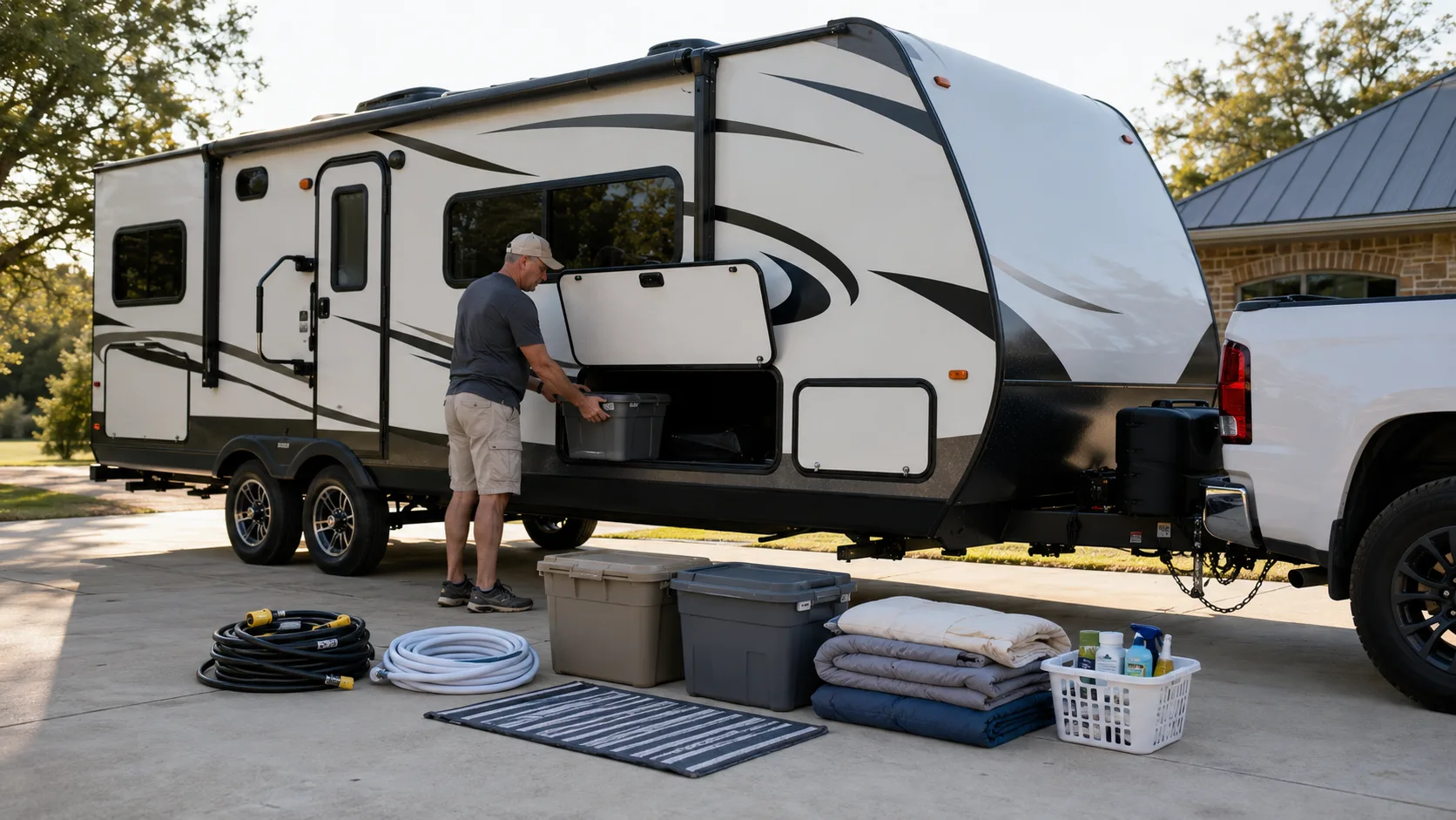 RV owner loading storage bins, bedding, hoses, and cleaning supplies into a travel trailer for a long-term stay.
