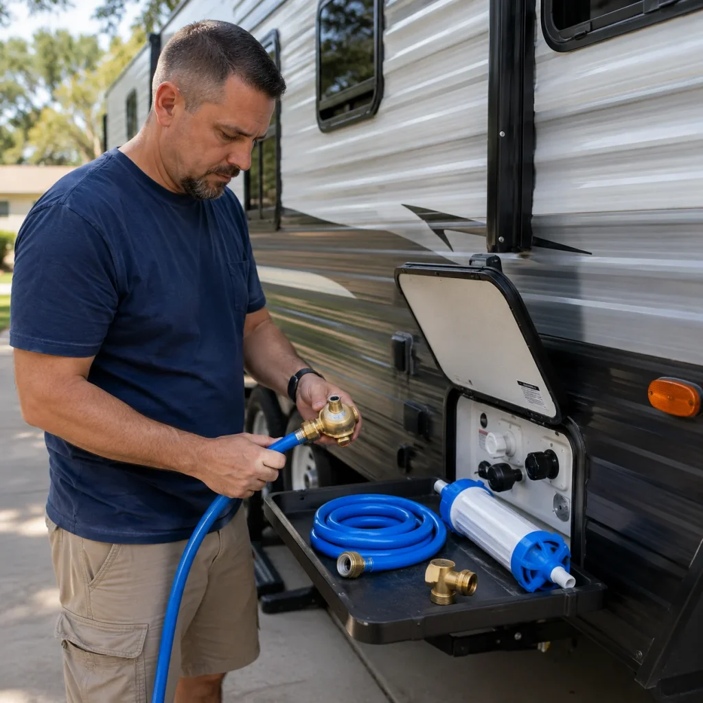 RV owner connecting a drinking-water hose, pressure regulator, and water filter beside a travel trailer.