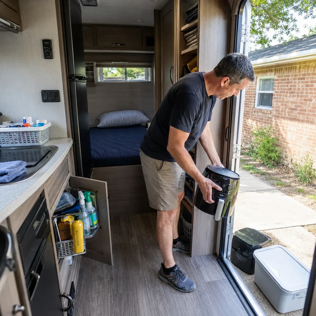 RV owner removing an unnecessary air fryer while organizing appliances and supplies inside a travel trailer.
