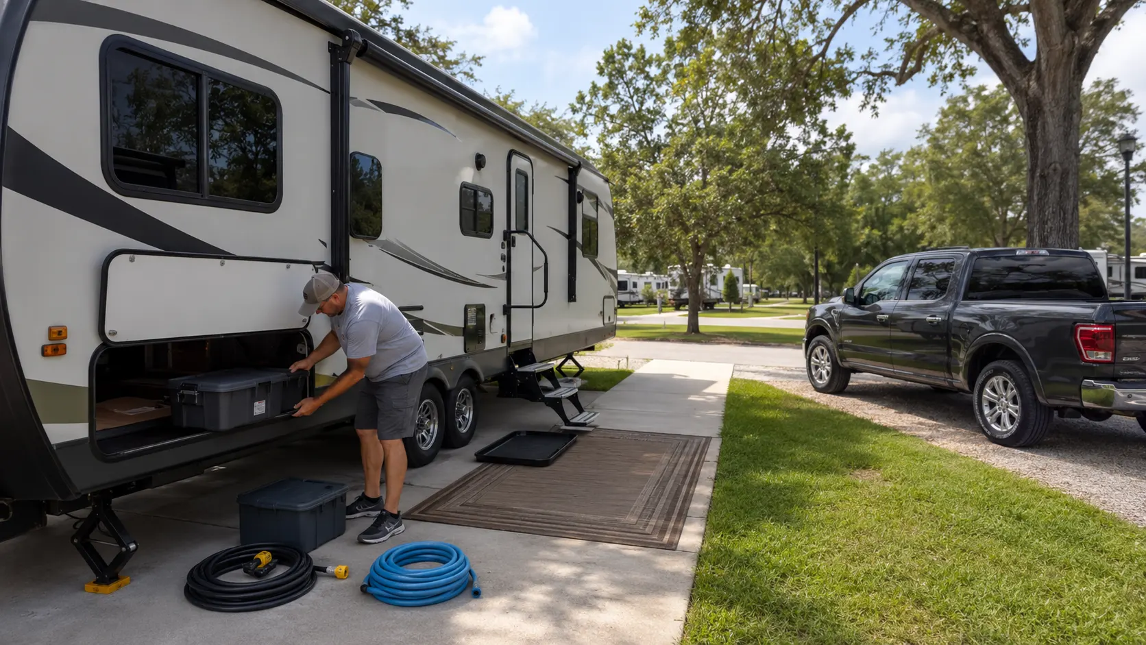 RV owner organizing storage bins and utility hoses in a travel trailer’s exterior compartment at an RV park.
