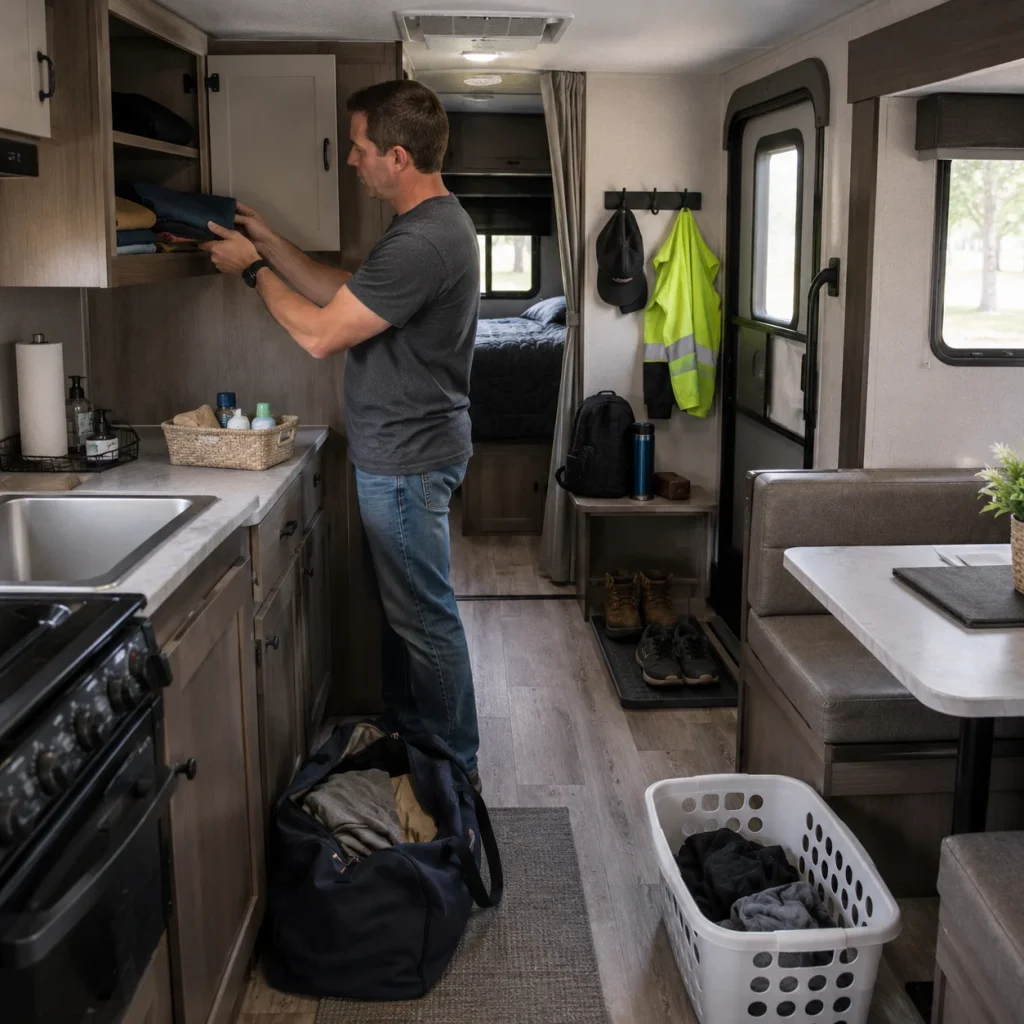 Long-term RV guest organizing clothes, work gear, and laundry inside a travel trailer.
