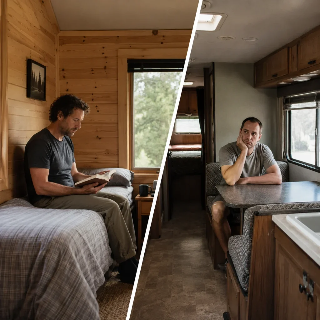 Comparison of a comfortable cabin stay and a cramped RV interior for long-term temporary housing.