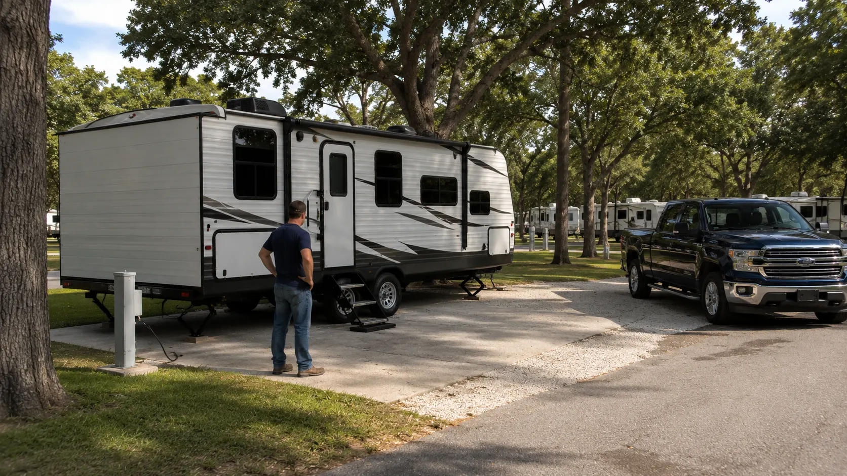 RV guest inspecting a travel trailer and parking space at a shaded long-term RV park site.
