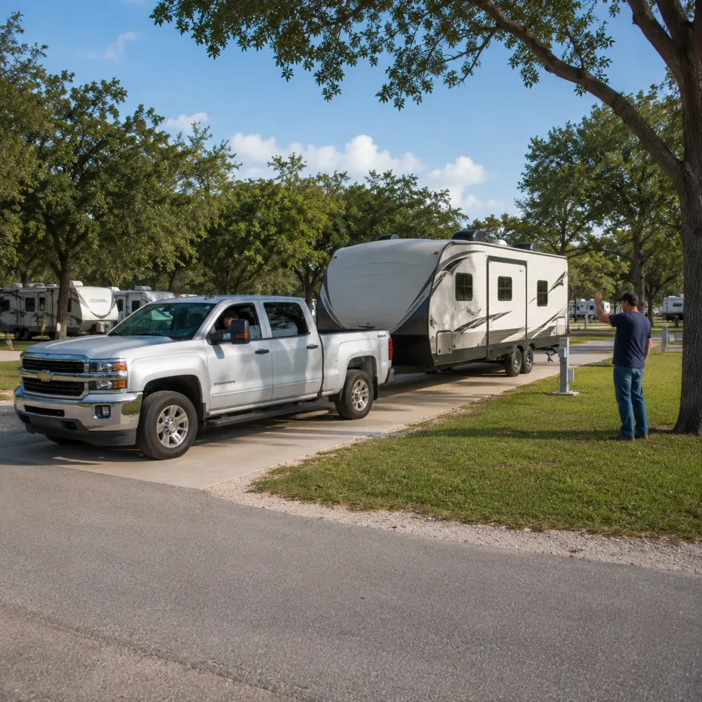 RV traveler guiding a pickup truck and travel trailer into a shaded full hookup RV park site.