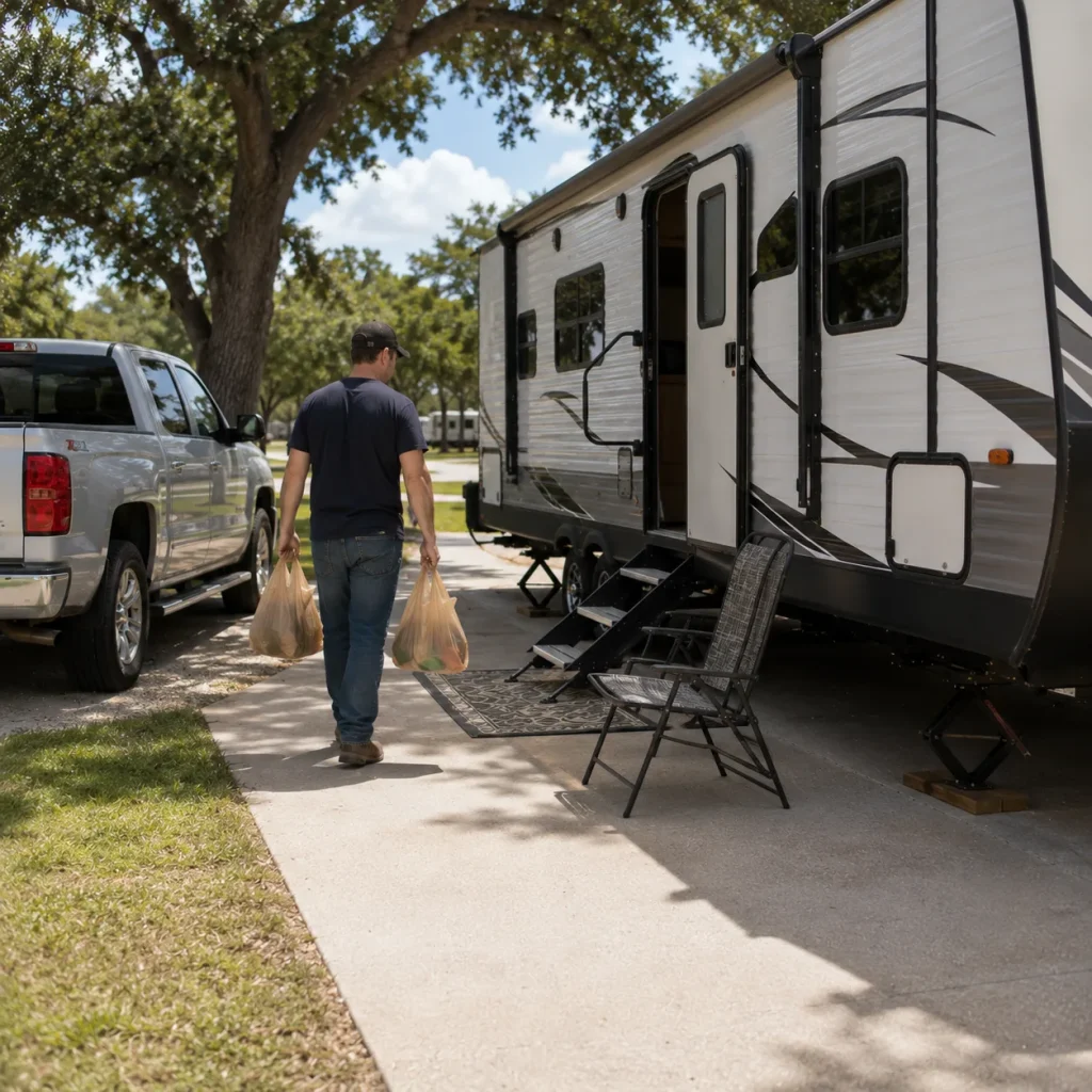 Long-term RV guest carrying groceries from a pickup truck to a travel trailer at a shaded RV park.