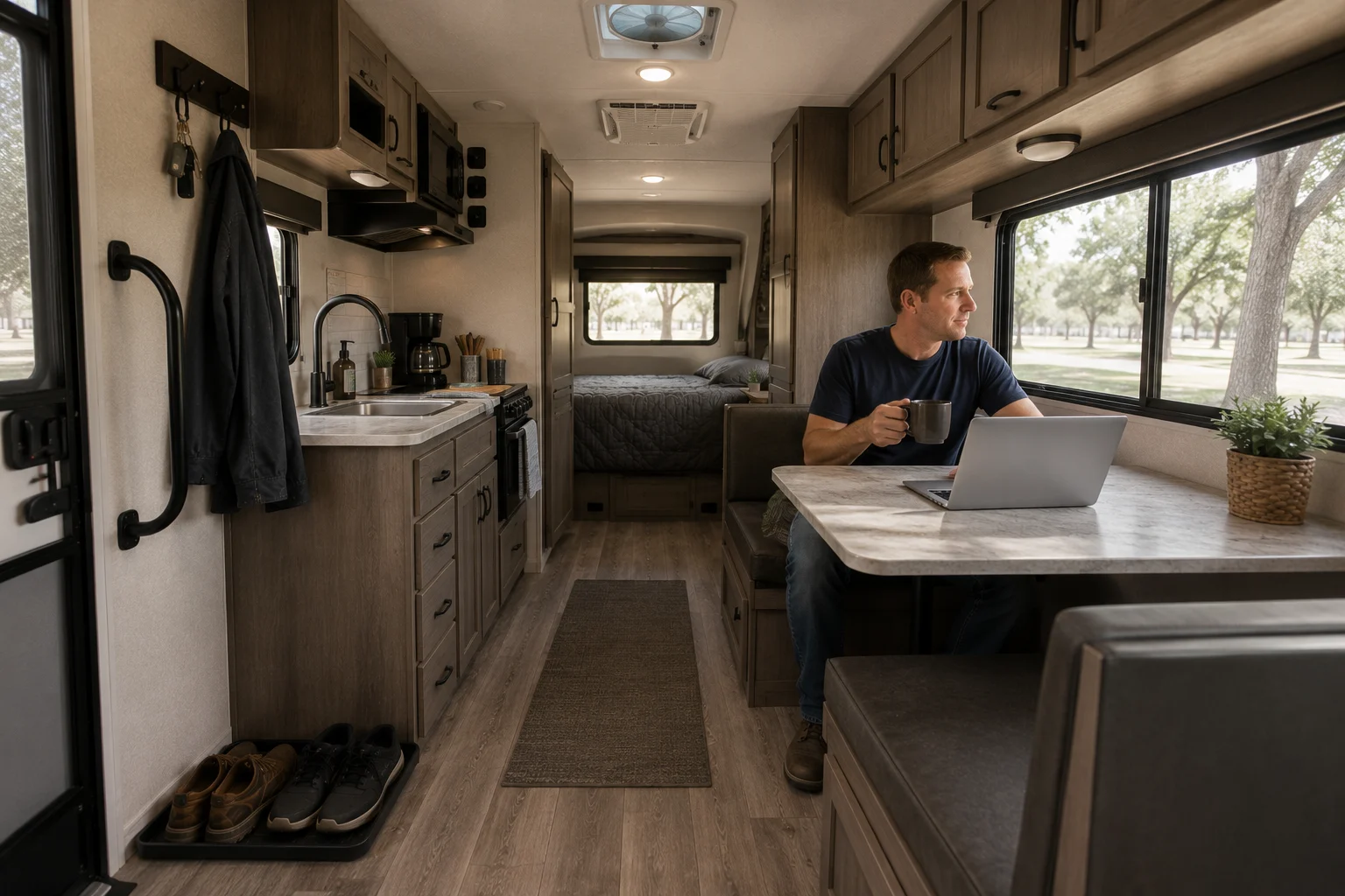 Long-term RV guest working on a laptop at the dinette inside an organized travel trailer.