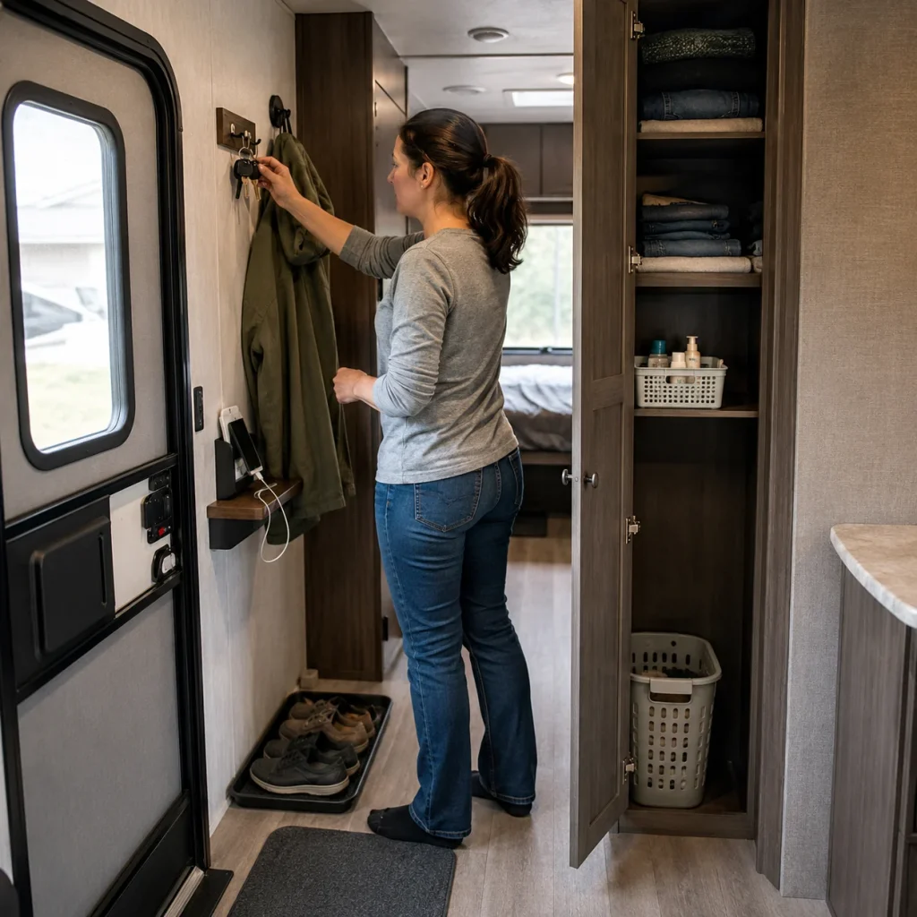 Long-term RV guest organizing keys, clothing, shoes, and personal supplies inside a travel trailer.