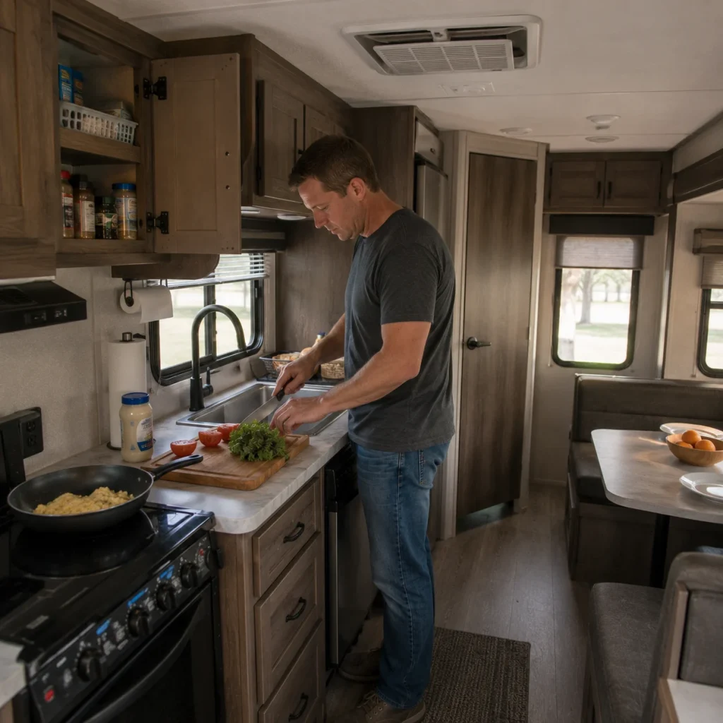 Long-term RV guest preparing a meal in the kitchen of a travel trailer.