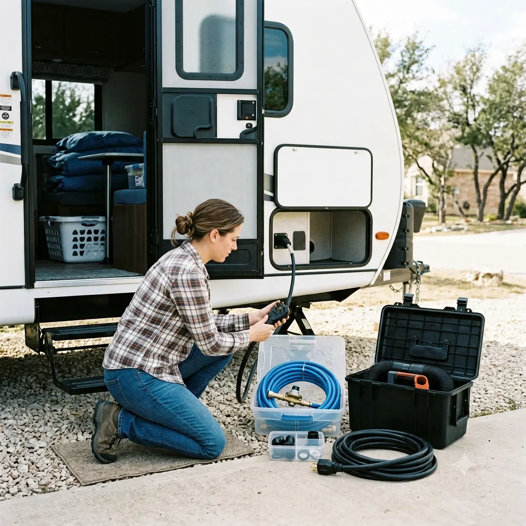 RV owner organizing water, sewer, and electrical hookup equipment beside a travel trailer.