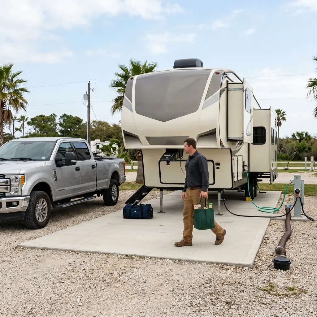 Refinery worker settling into an RV site before the first day of a turnaround assignment.