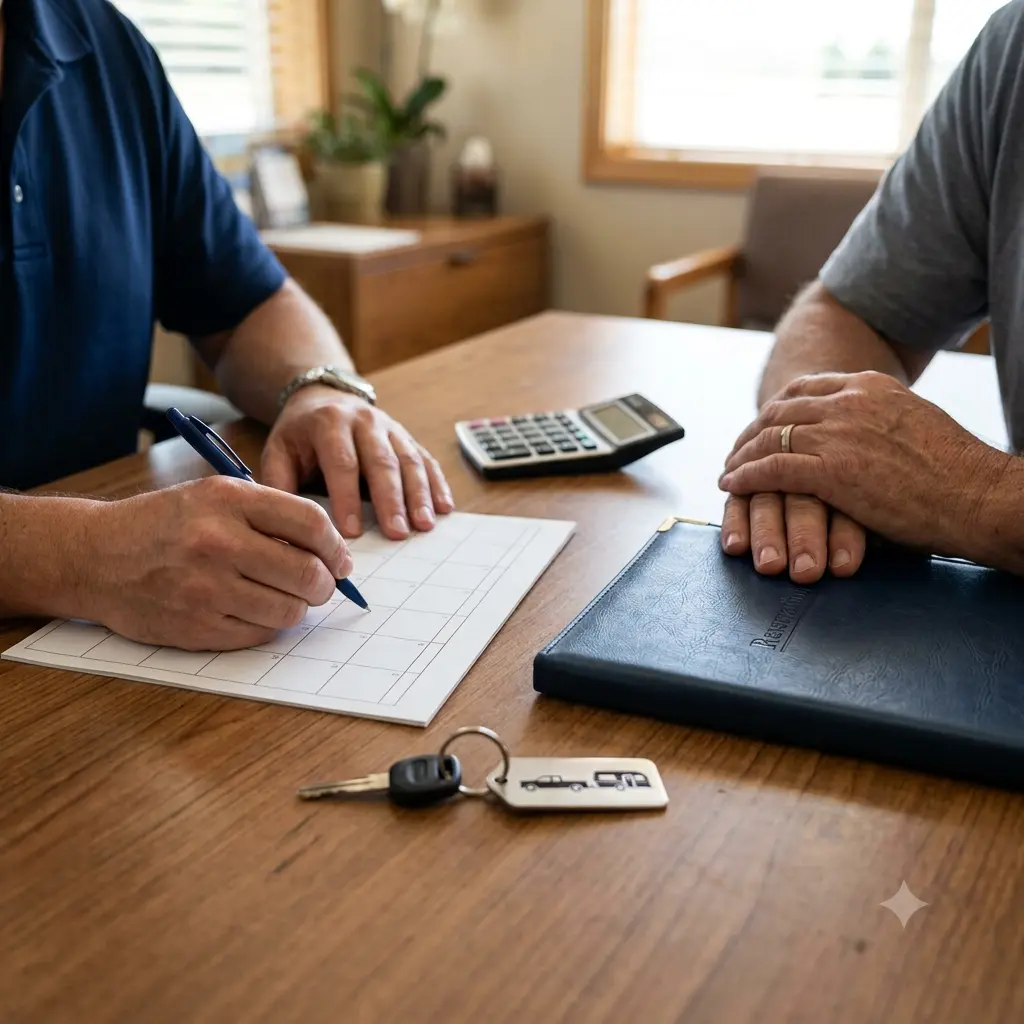RV park employee and worker reviewing the start and end dates of a turnaround stay.