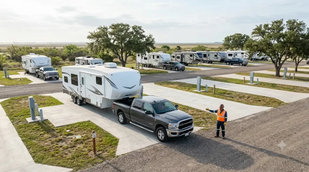 Fifth-wheel RV arriving at a busy Gulf Coast Texas RV park before a refinery turnaround assignment.