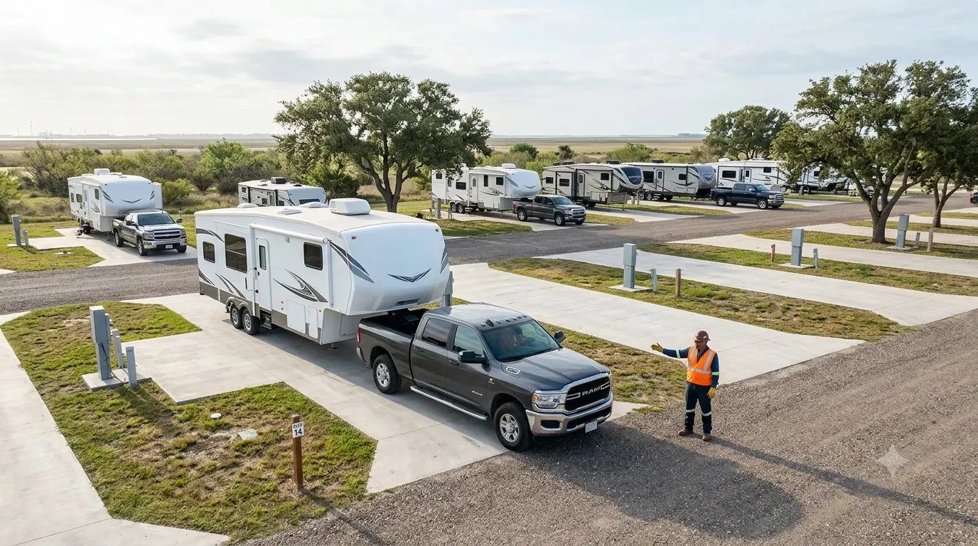 Fifth-wheel RV arriving at a busy Gulf Coast Texas RV park before a refinery turnaround assignment.
