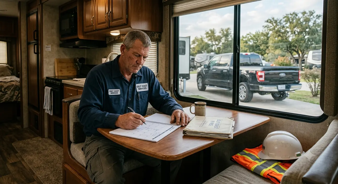 Industrial worker reviewing an RV reservation calendar inside a fifth-wheel before a refinery turnaround assignment.