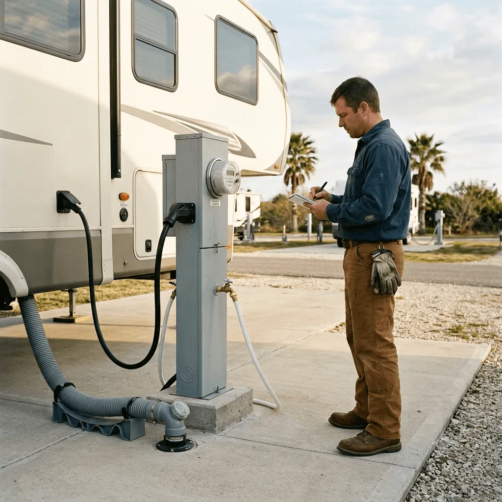 Worker recording an RV electricity-meter reading for the housing budget.