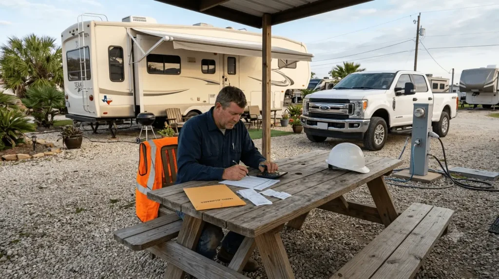 Refinery worker calculating an RV-site budget from an assignment travel allowance.