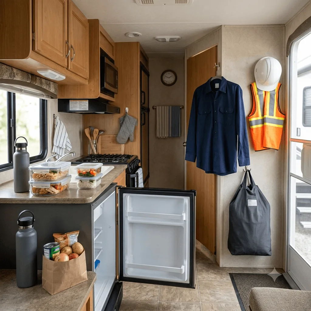 Meals, laundry, and work gear representing non-housing expenses during an RV stay.