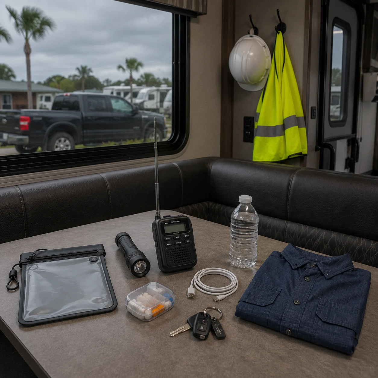 Documents, medication, communication equipment, and refinery work essentials prepared for an RV storm evacuation.