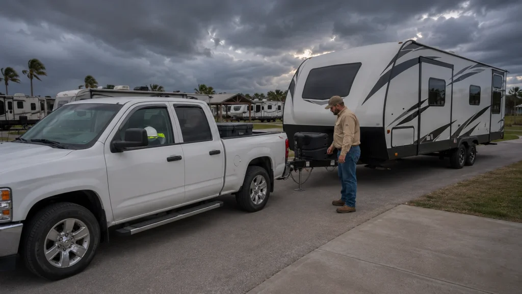 Refinery worker checking a travel trailer prepared for an early Gulf Coast storm relocation.