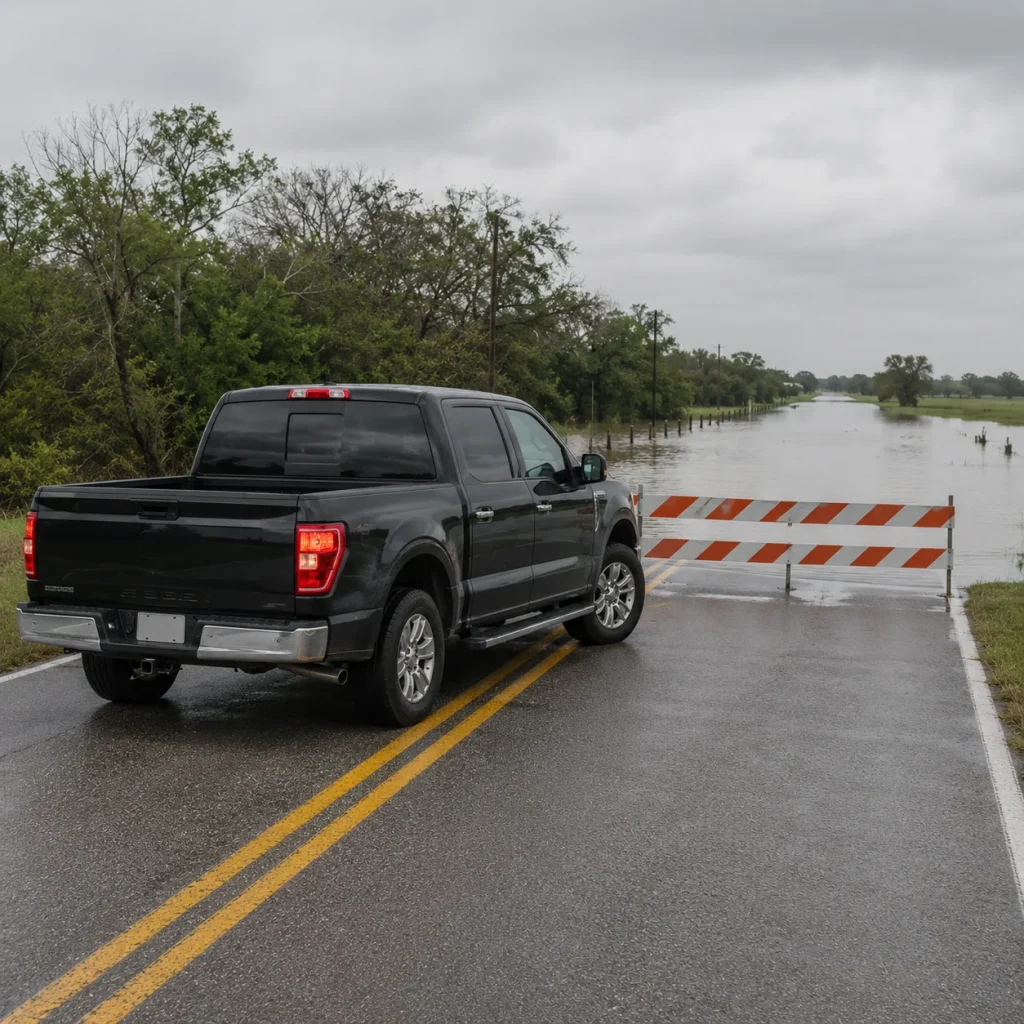 Pickup safely turning away from a flooded Gulf Coast road during an evacuation.