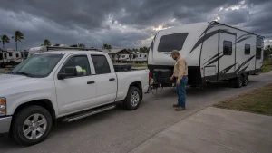 Refinery worker checking a travel trailer prepared for an early Gulf Coast storm relocation.