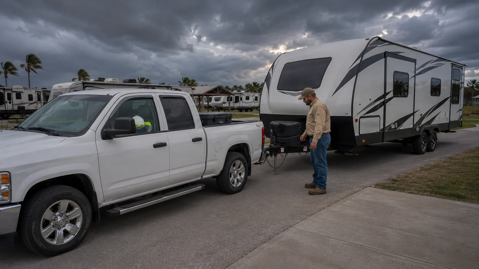 Refinery worker checking a travel trailer prepared for an early Gulf Coast storm relocation.